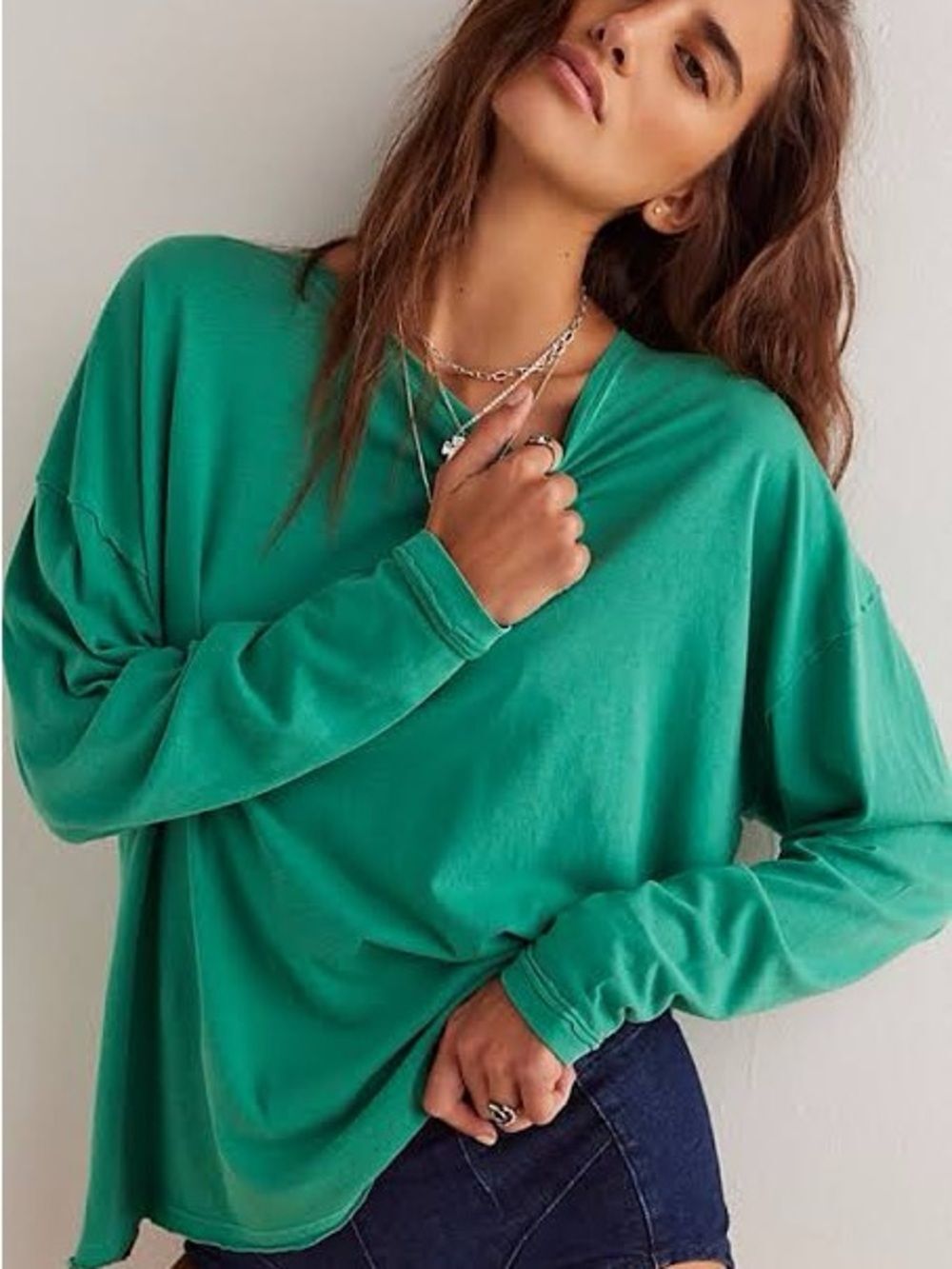 NWT Free People We The Free Nina Long-Sleeve Tee in Verdes Size XL